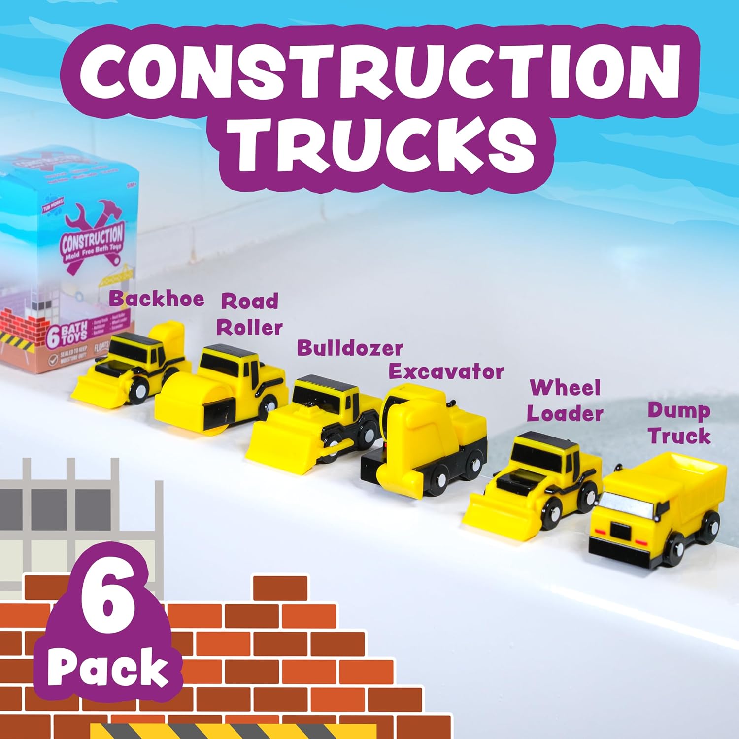 CartwheelsClub Mold-Free Bath Truck Toys, 6-Pack